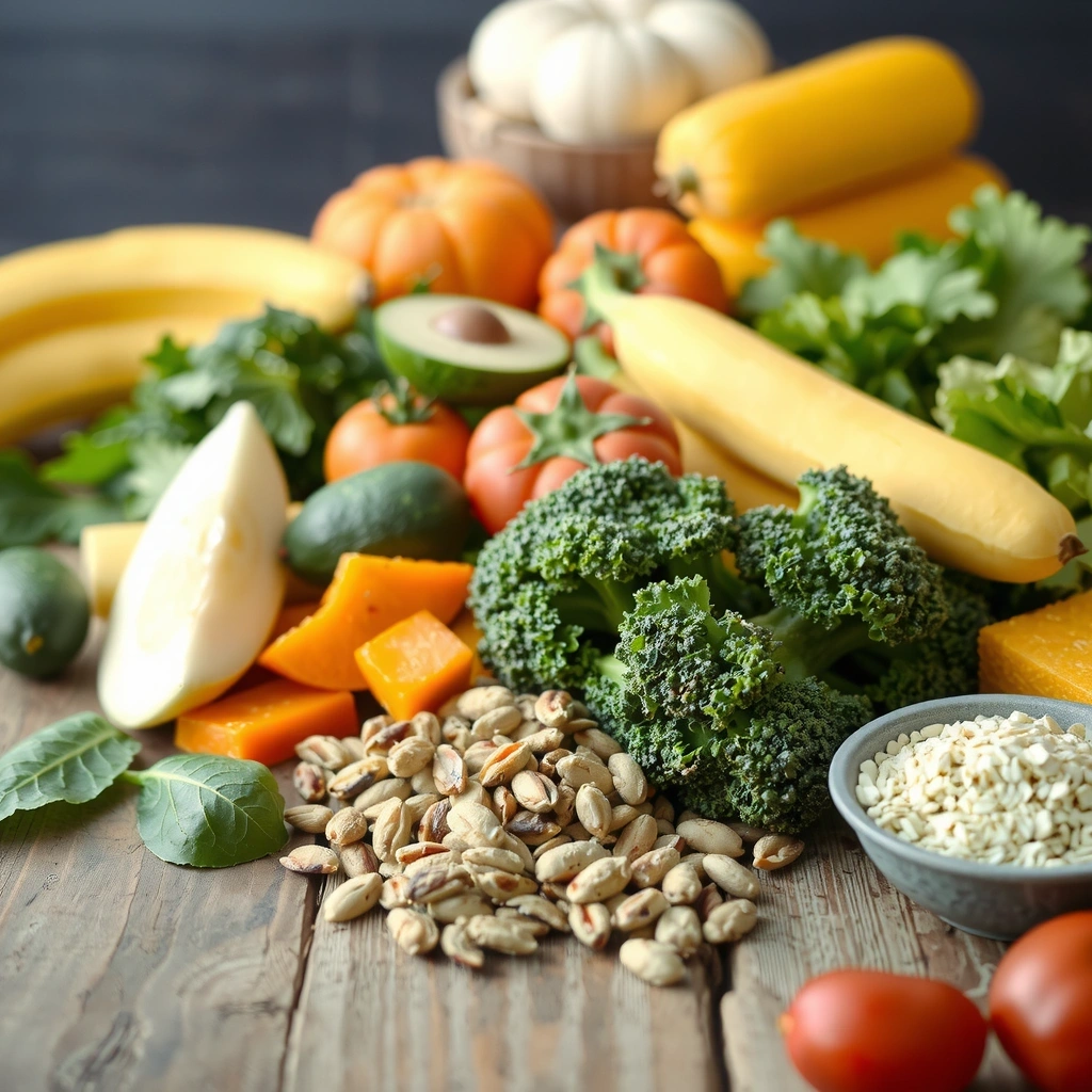 Frische gesunde Lebensmittel auf Holztisch
